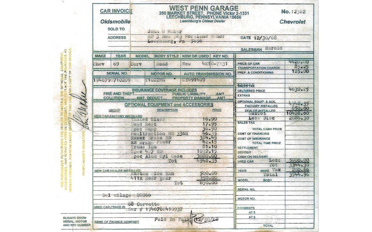 1969 Corvette ZL-1 sales receipt