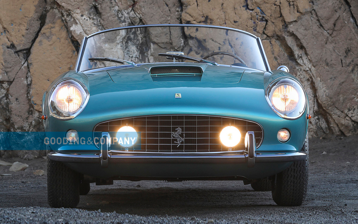 Metallic blue 1962 Ferrari California Spider front view
