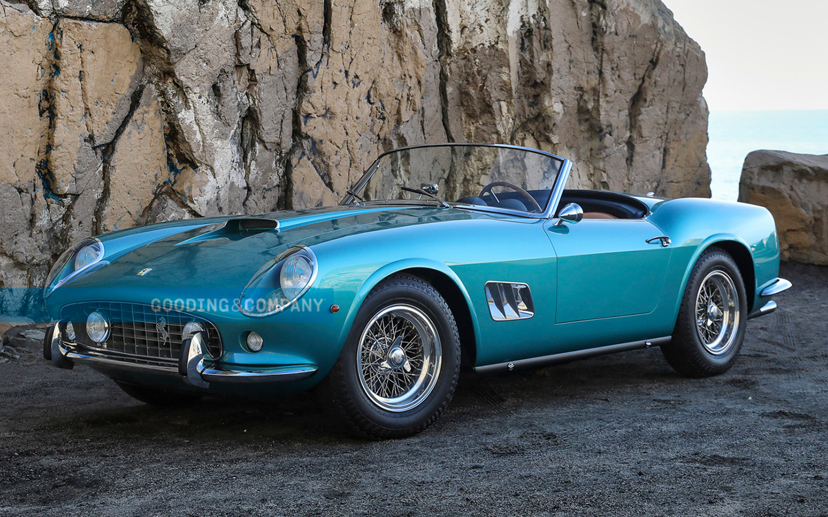Metallic blue 1962 Ferrari California Spider left front view