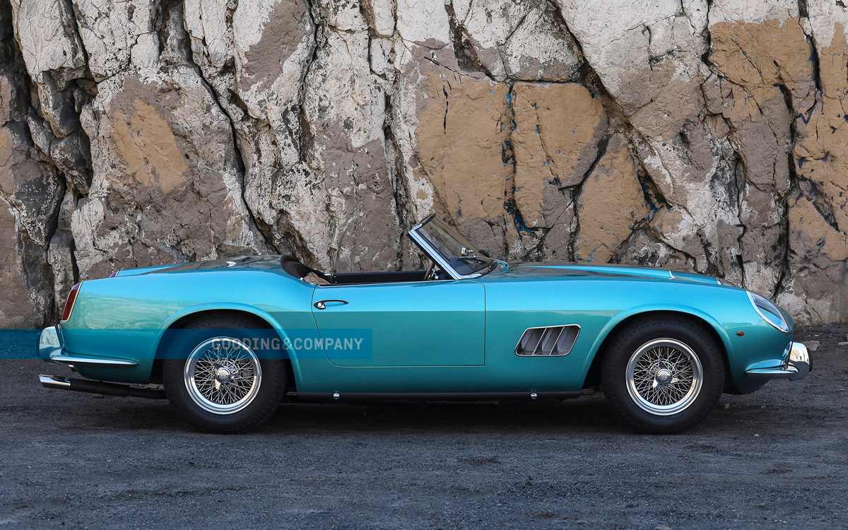 Metallic blue 1962 Ferrari California Spider right side profile