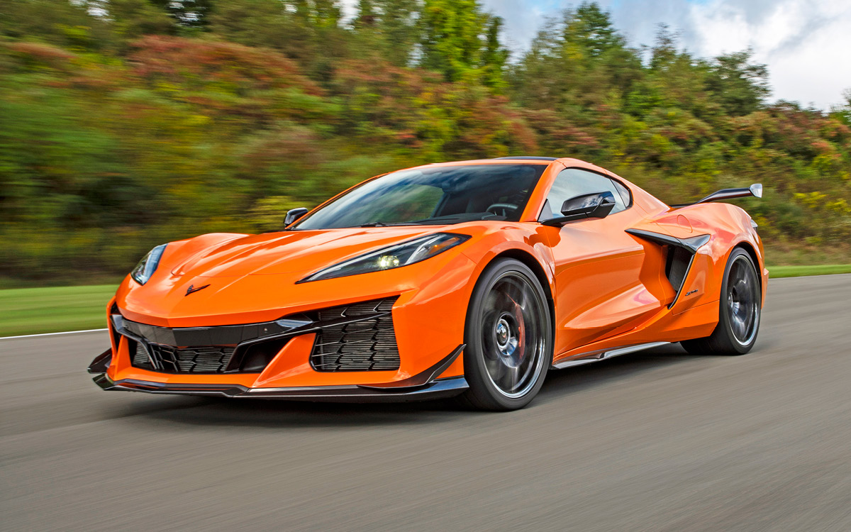 Orange 2023 Corvette Z06 on racetrack