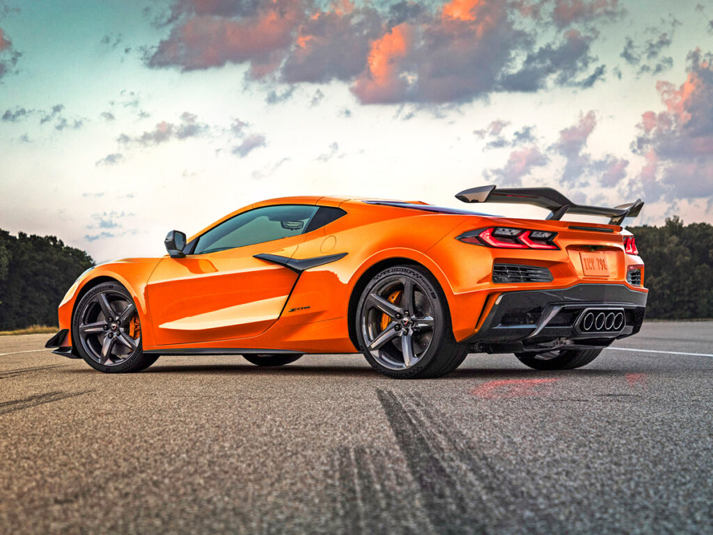 Orange 2023 Corvette Z06 with Z07 track package, left rear view