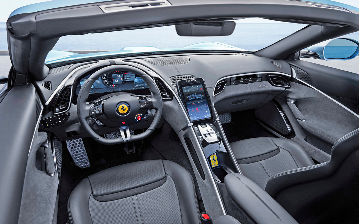 Blue Ferrari Roma Spider interior