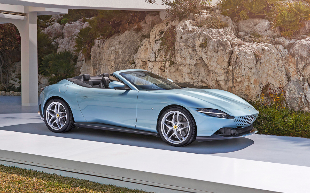 Blue Ferrari Roma Spider right front view