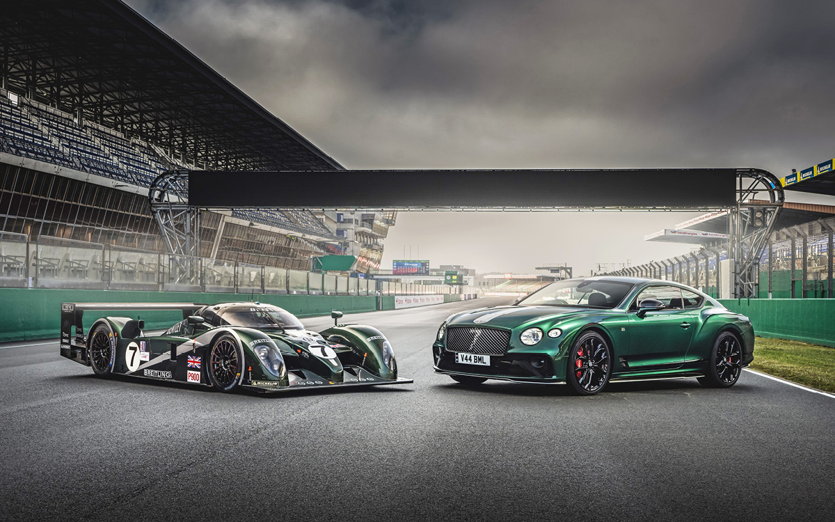 2023 Bentley Continental GT Speed Le Mans Collection with 2003 Bentley Speed 8 racecar on a track