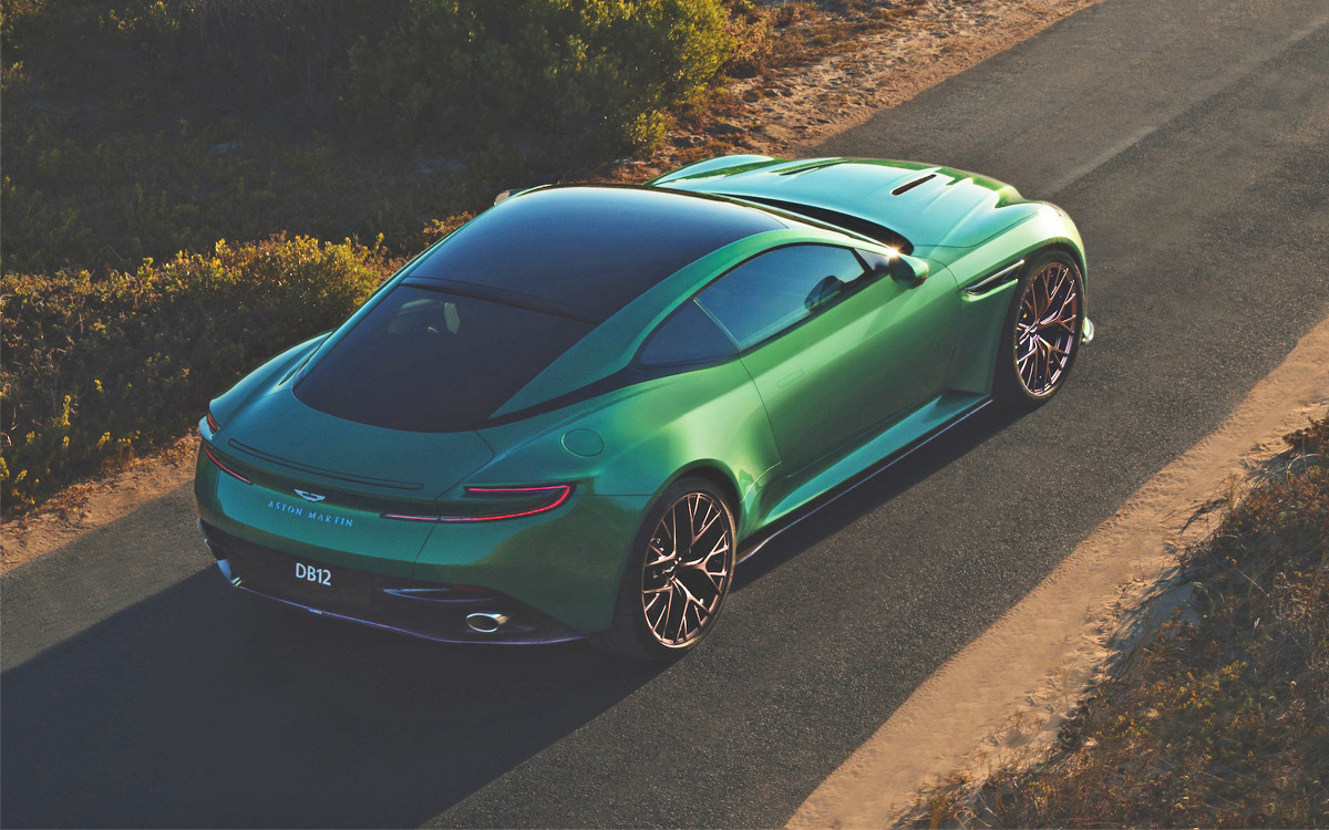 Green Aston Martin DB12 on road, high view