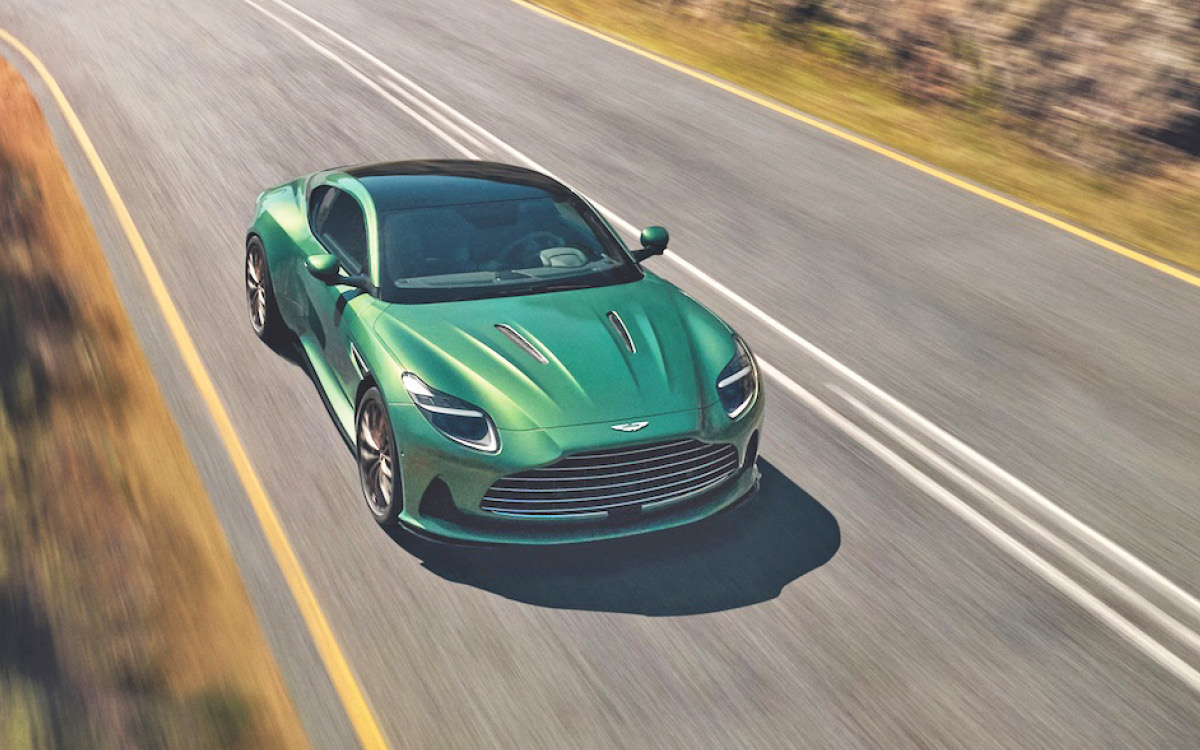 Green Aston Martin DB12, high right rear view