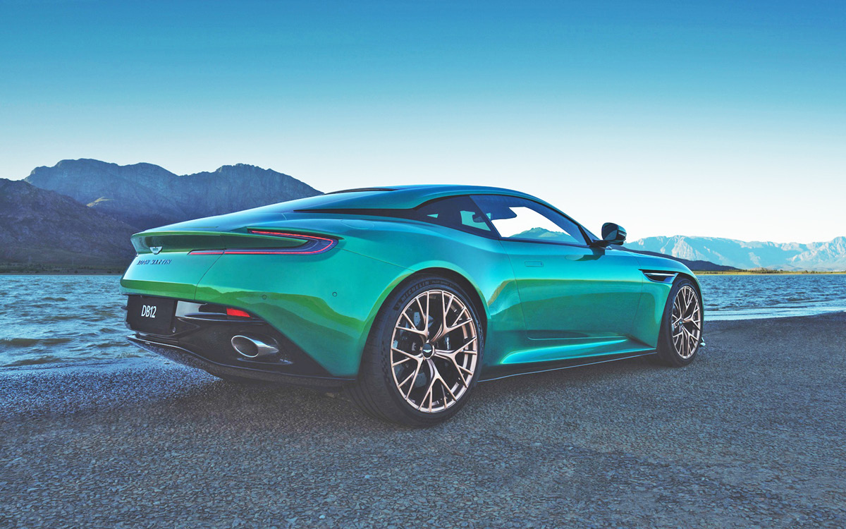 Green Aston Martin DB12 right rear view