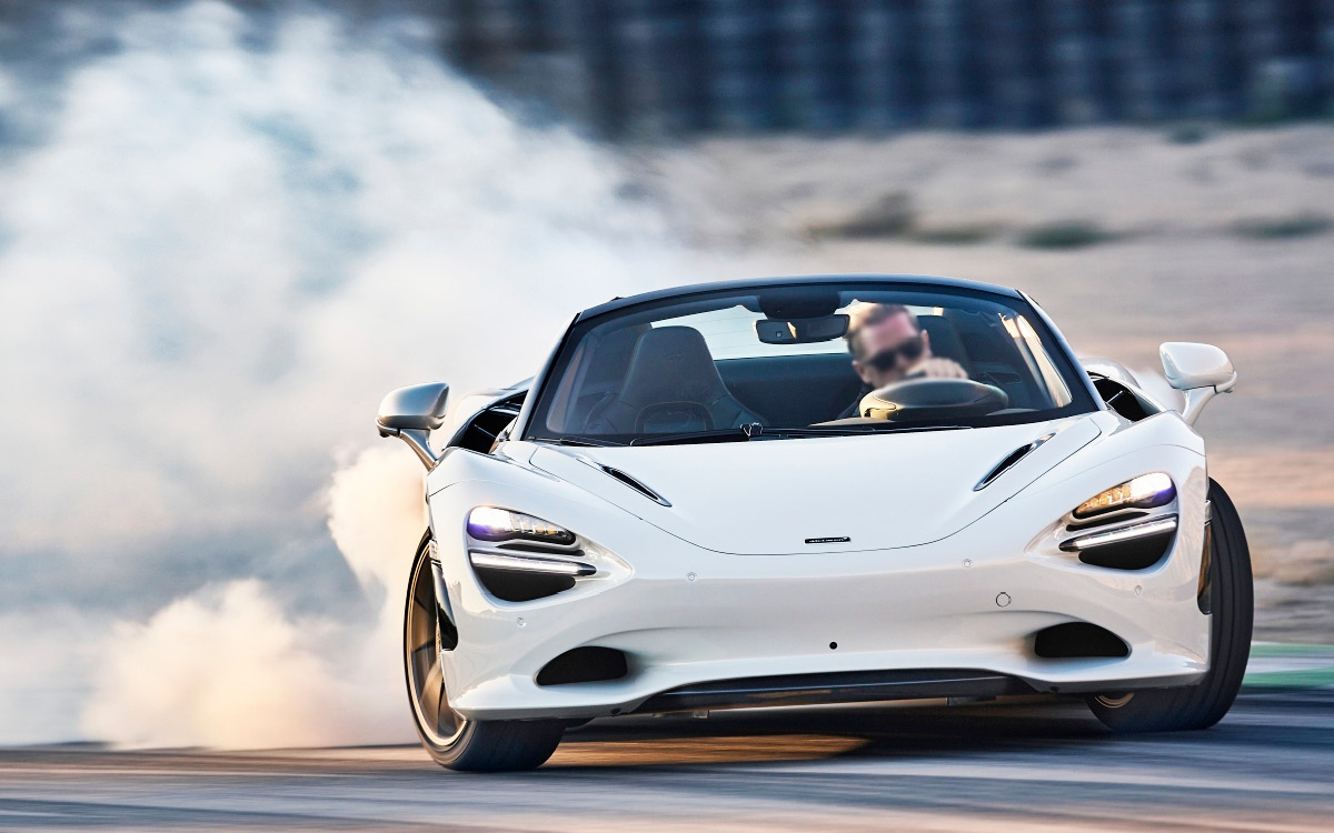 White McLaren 750S Spider on track, front view