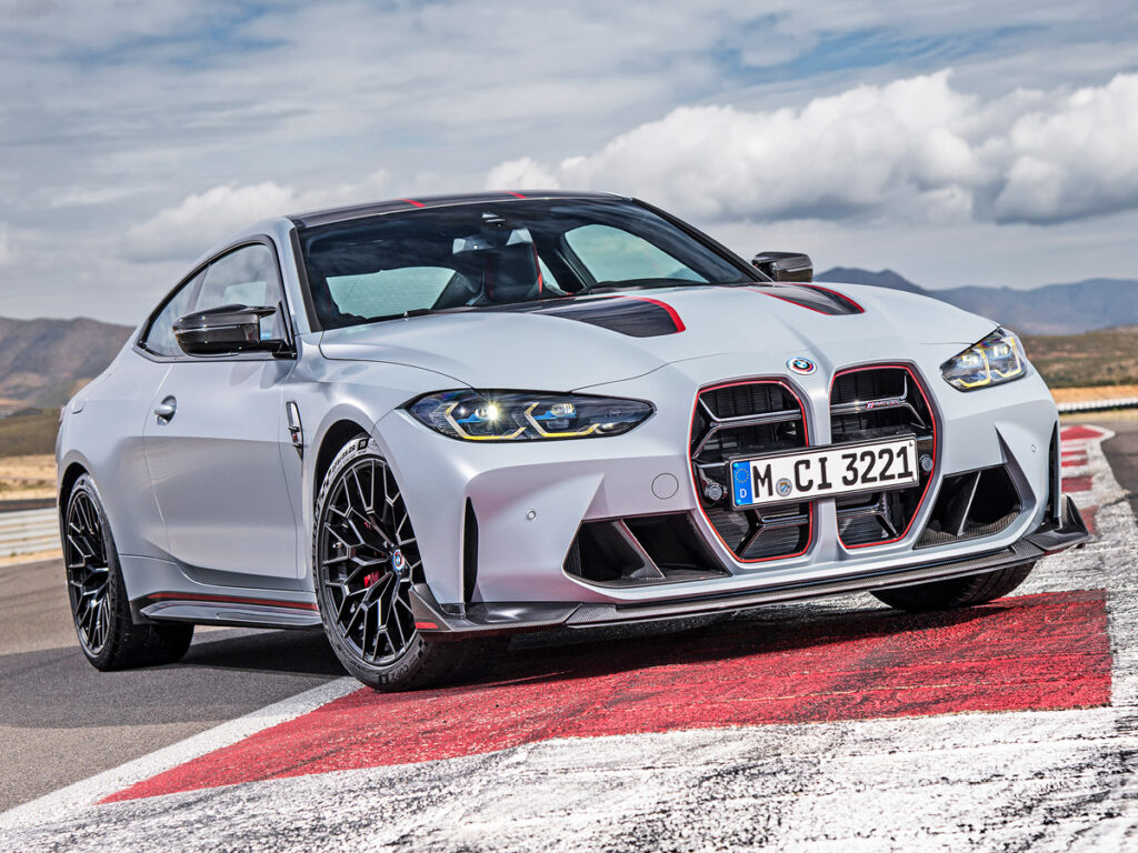 Gray BMW M4 CSL on track, low front view