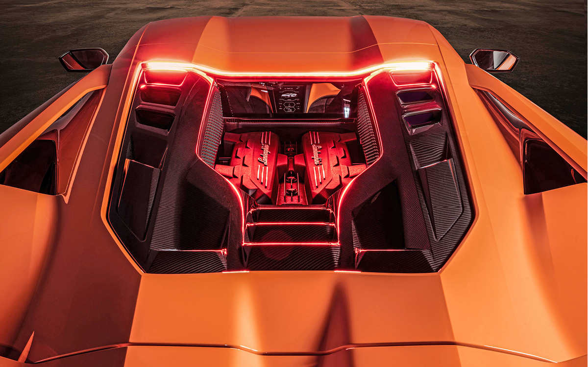 Orange Lamborghini Revuelto engine view