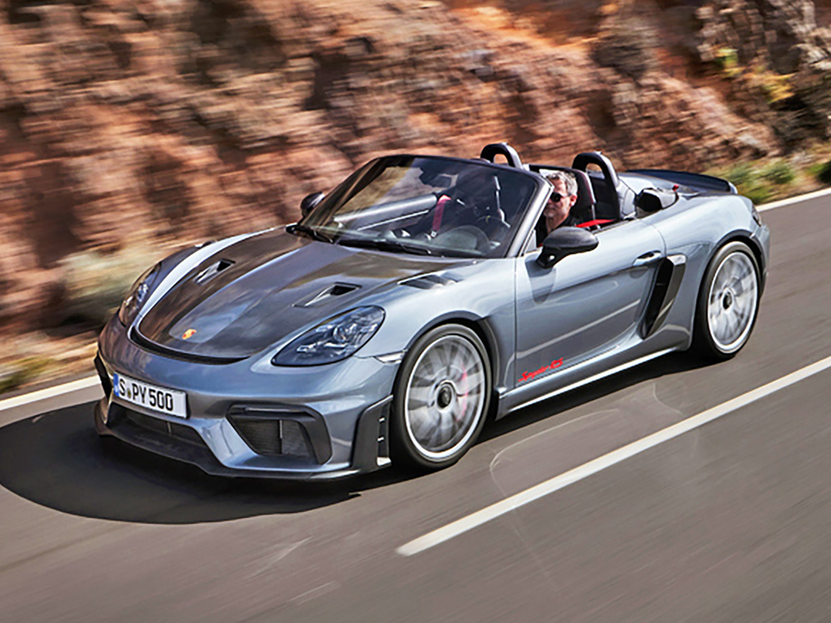 Vanadium Gray 2024 Porsche 718 Spyder on road, high view