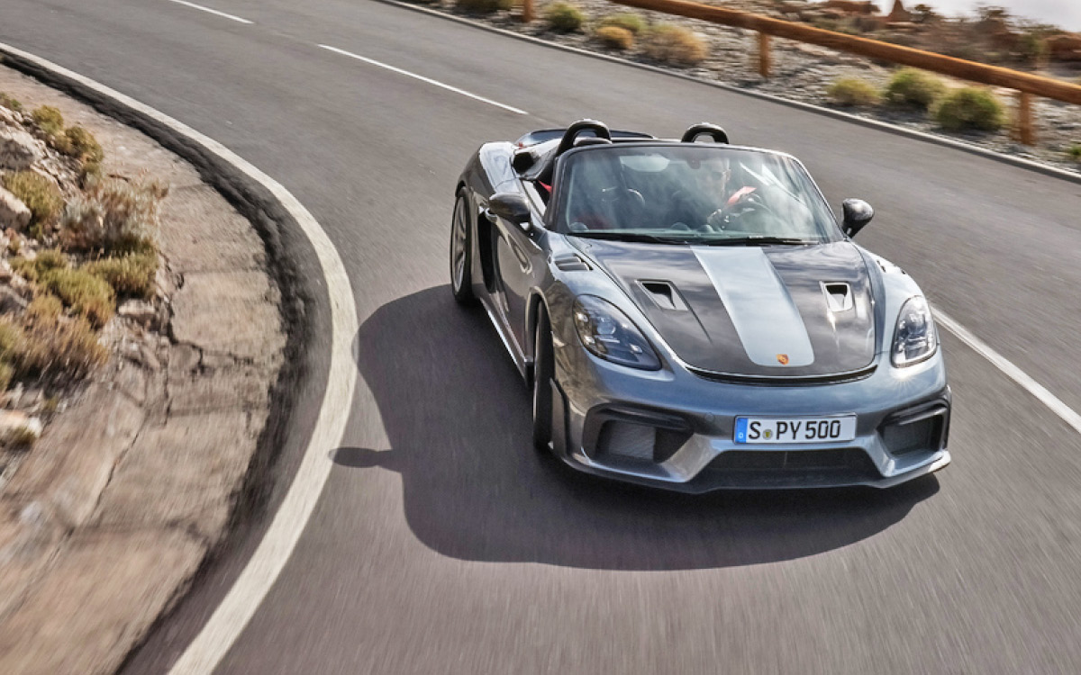 Vanadium Gray 2024 Porsche 718 Spyder RS right front view.