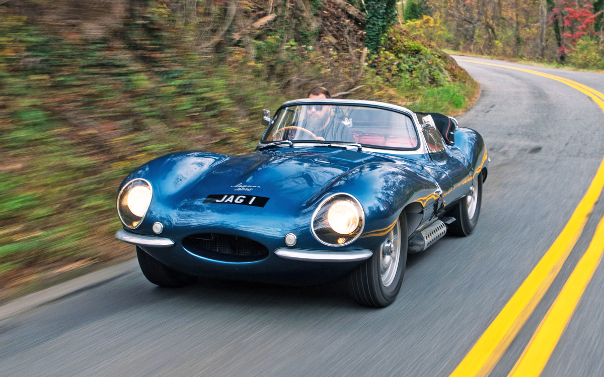 Blue 1957 Jaguar XKSS on road