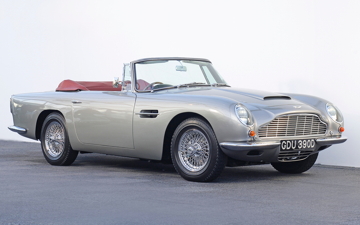 Silver 1965 Aston Martin DB5 Volante, right front view