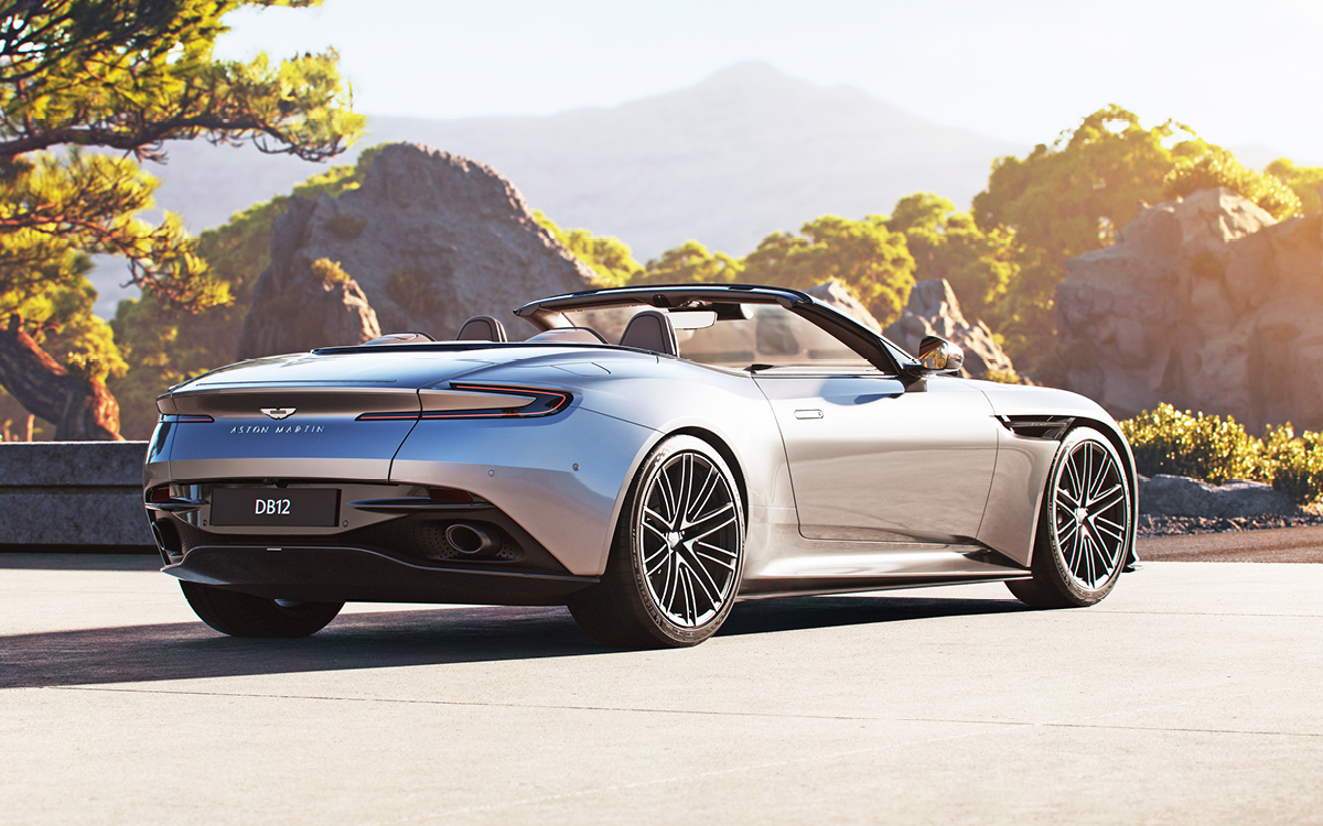 Silver 2024 Aston Martin DB12 Volante, rear view top down