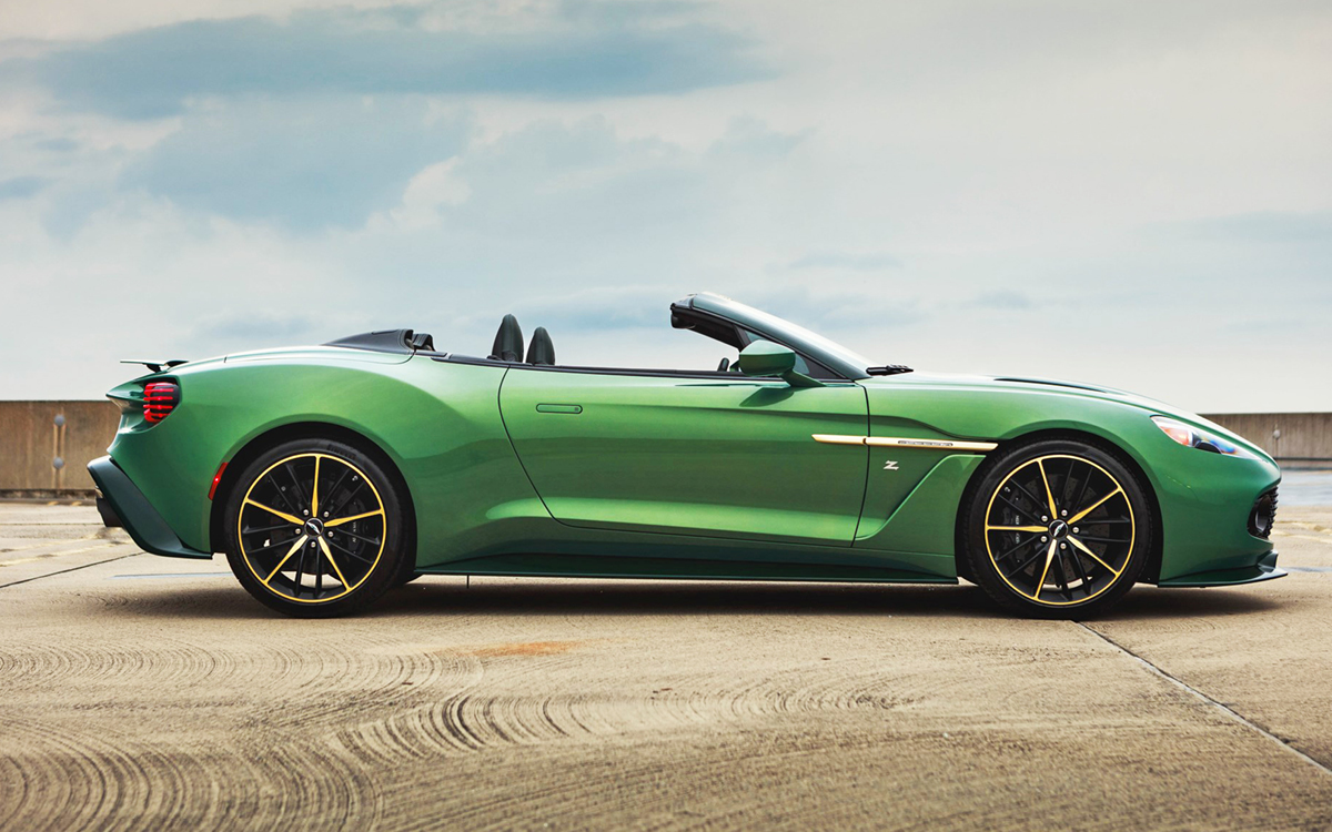 Green 2018 Aston Martin Vanquish Volante right side profile view