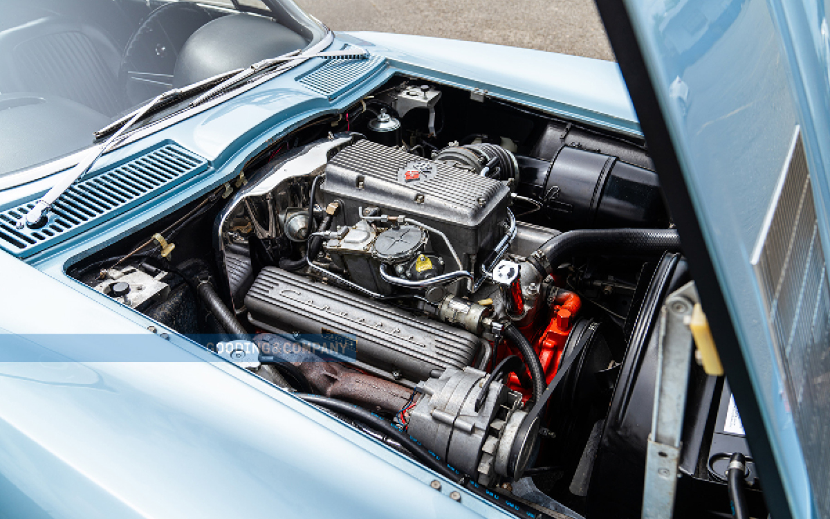 Silver-Blue 1963 Corvette fuel-injection engine view