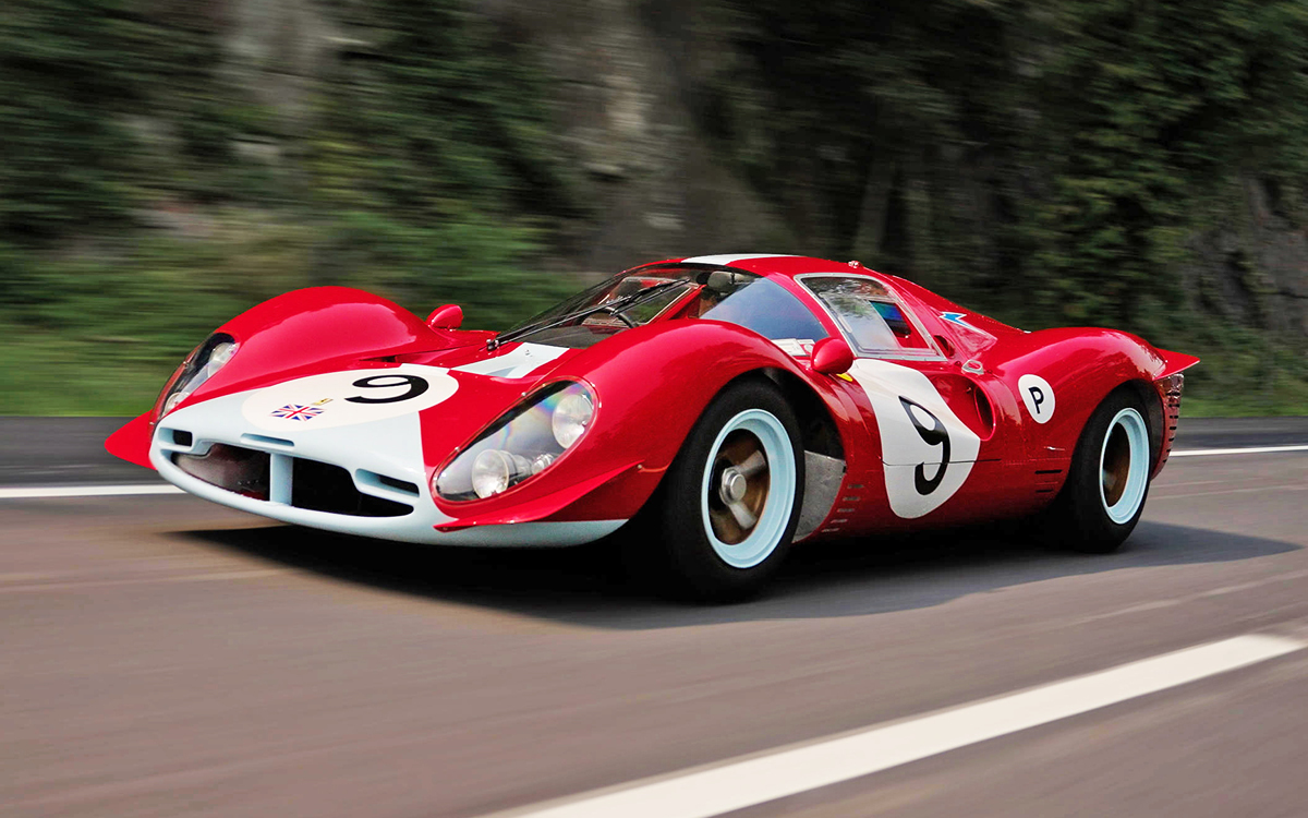 Red 1967 Ferrari 412P Berlinetta on road