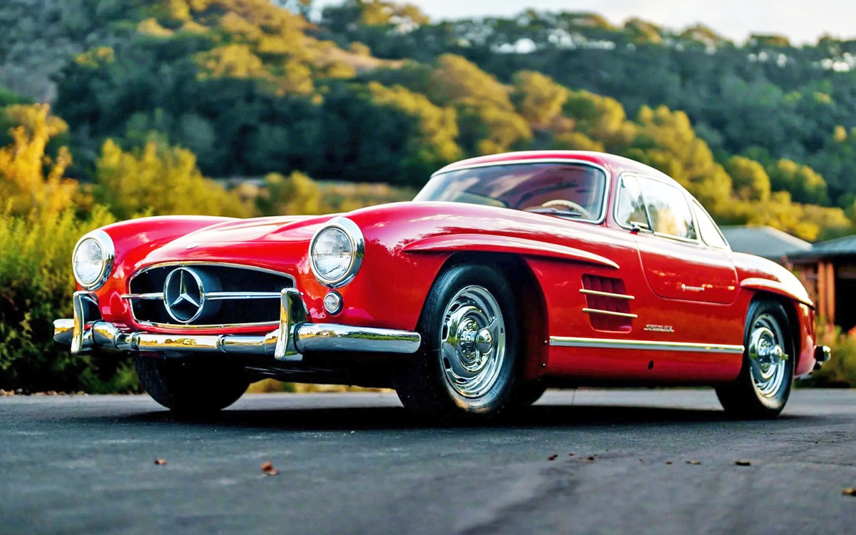 Red Mercedes 300SL Gullwing left front view