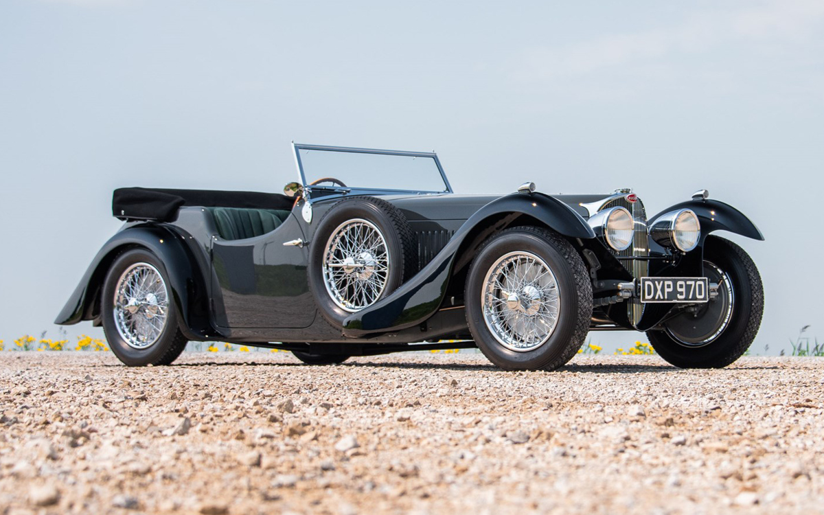 Black 1937 Bugatti Type 57SC Tourer left front view