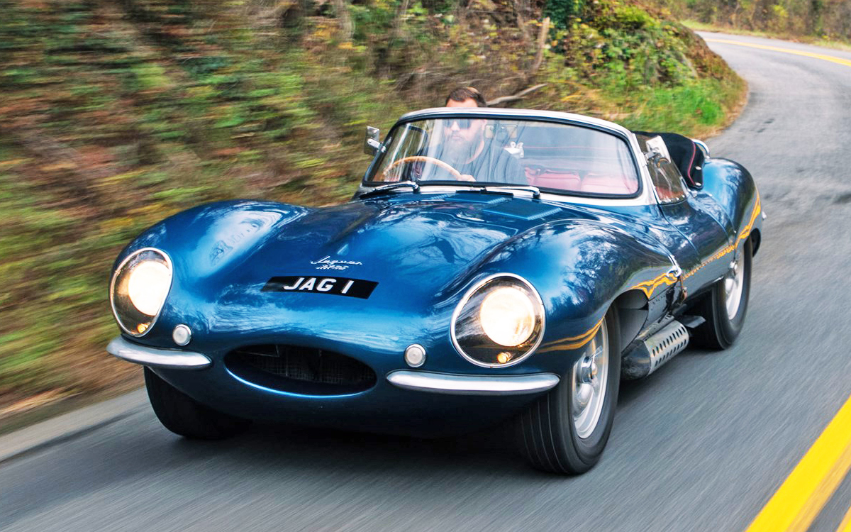 Blue 1957 Jaguar XKSS on road