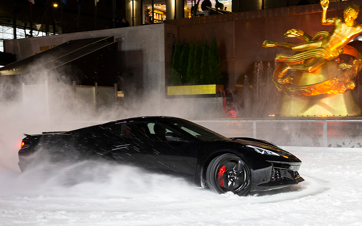 Corvette E-Ray in snow at Rockefeller Center in New York.