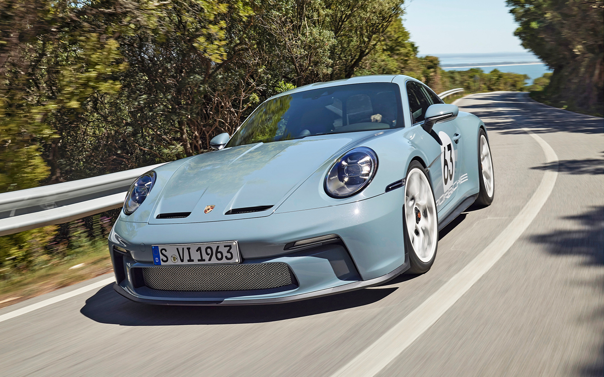 Shore Blue Metallic Porsche 911 S/T front view on road