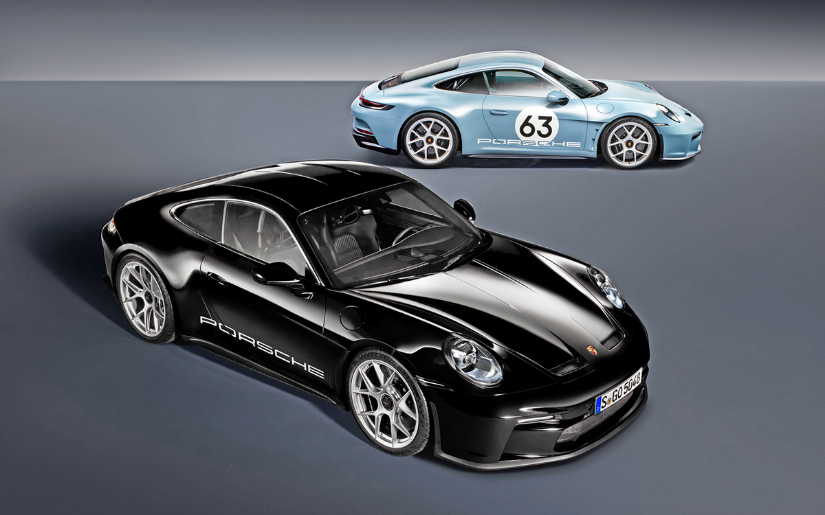 Shore Blue Metallic Porsche 911 S/T and black 911 S/T in studio