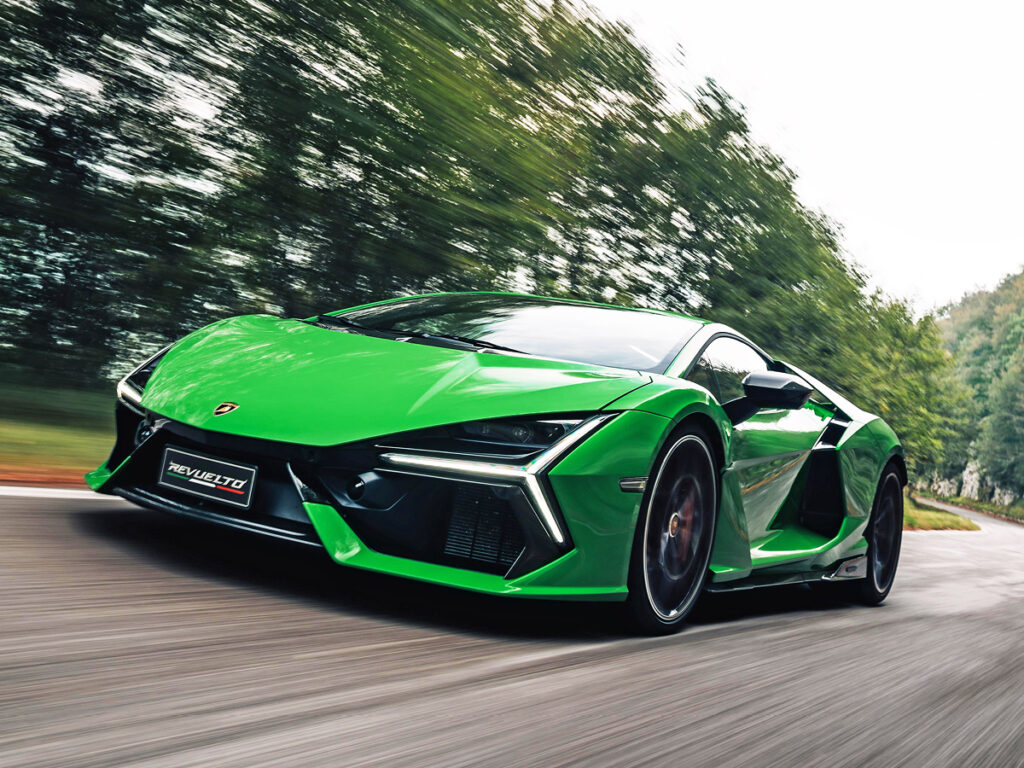 Green Lamborghini Revuelto on road left front