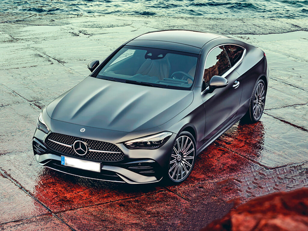 Matte gray Mercedes-Benz CLE coupe near lake