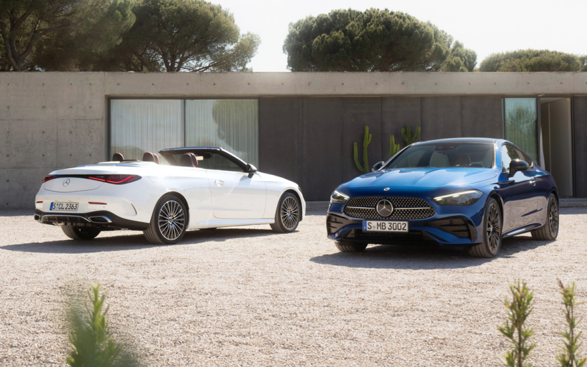 White Mercedes-Benz CLE convertible with blue CLE coupe