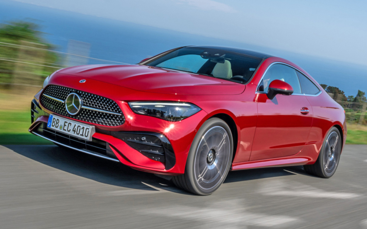 Red Mercedes-Benz CLE coupe on road