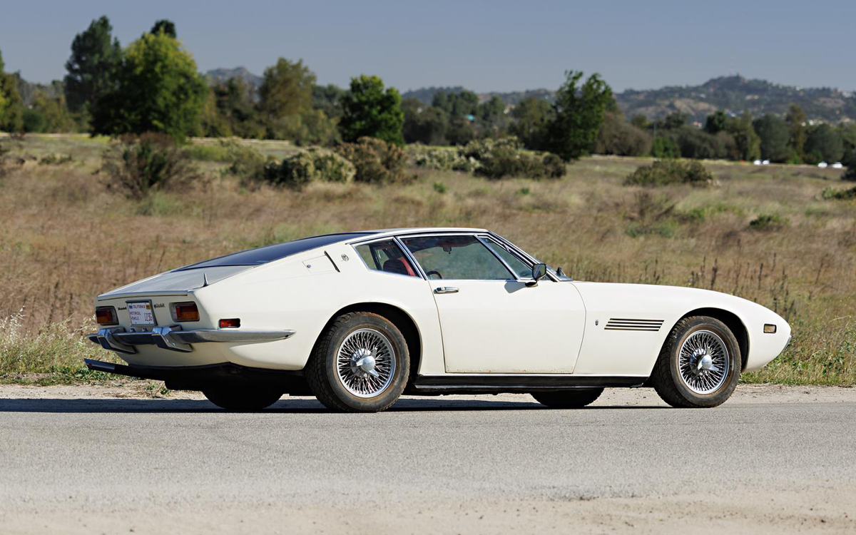 White 1969 Maserati Ghibli right rear view