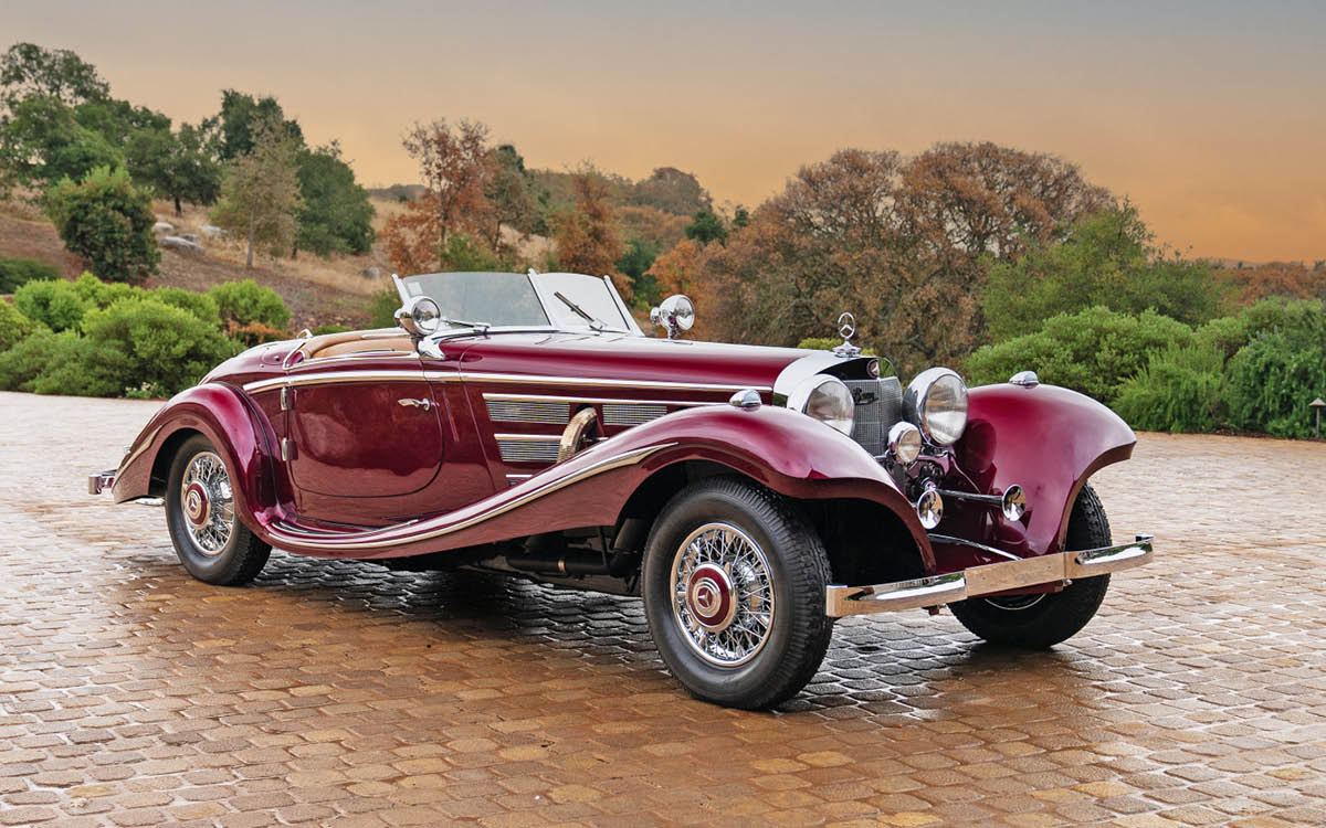 Maroon Mercedes 540K roadster right front view