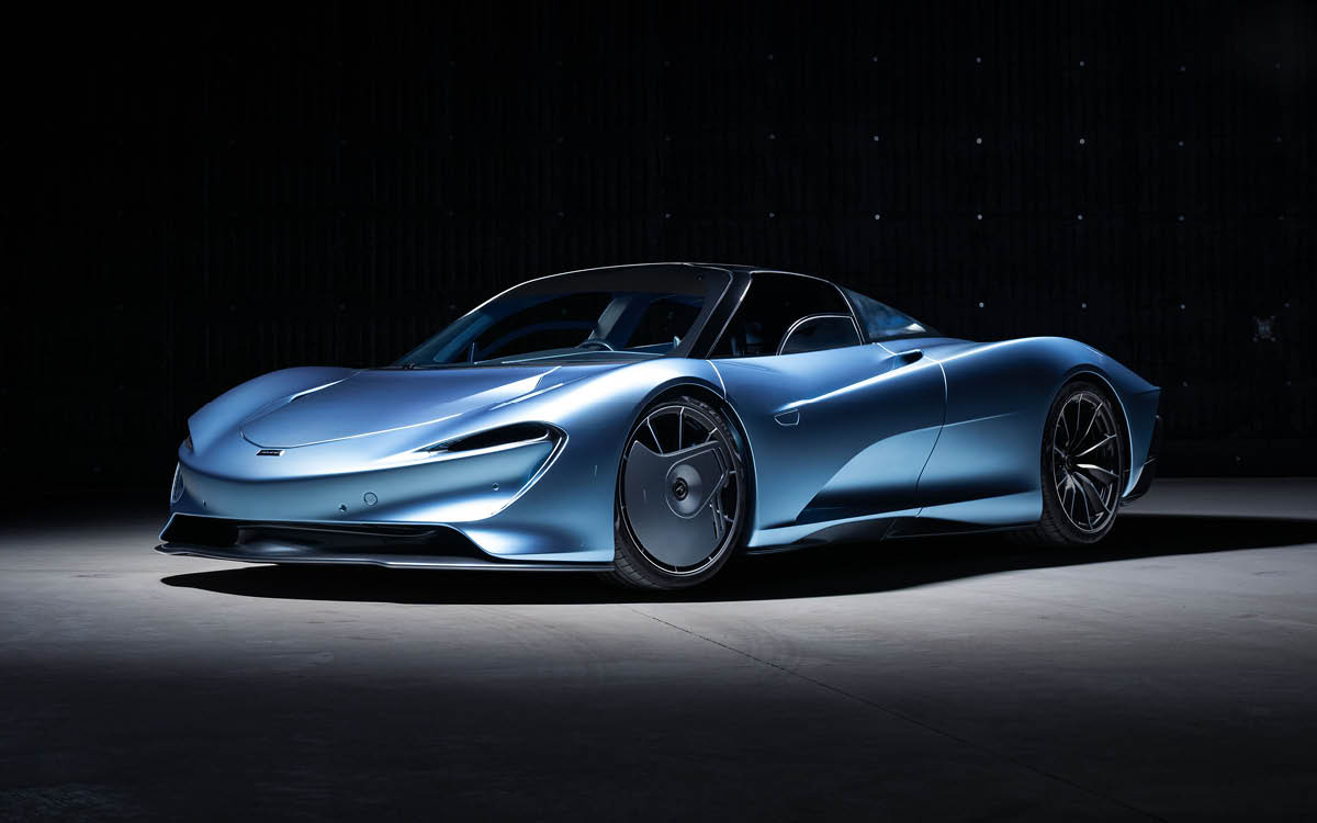 Liquid Blue Silver McLaren Speedtail left front view