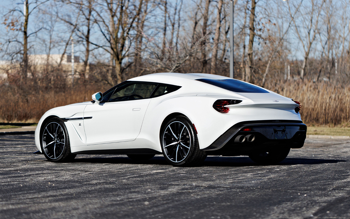 White Aston Martin Vanquish Coupe left rear view