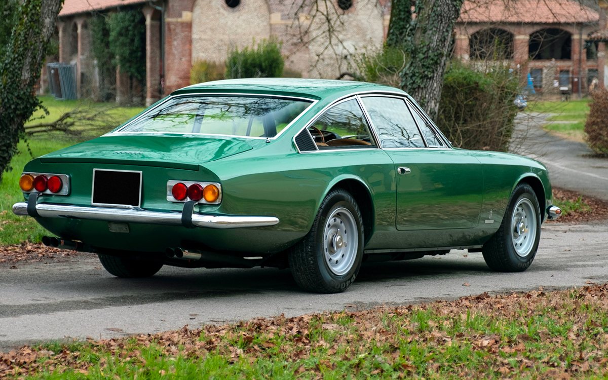 Green Ferrari 365 GT 2+2 right rear view