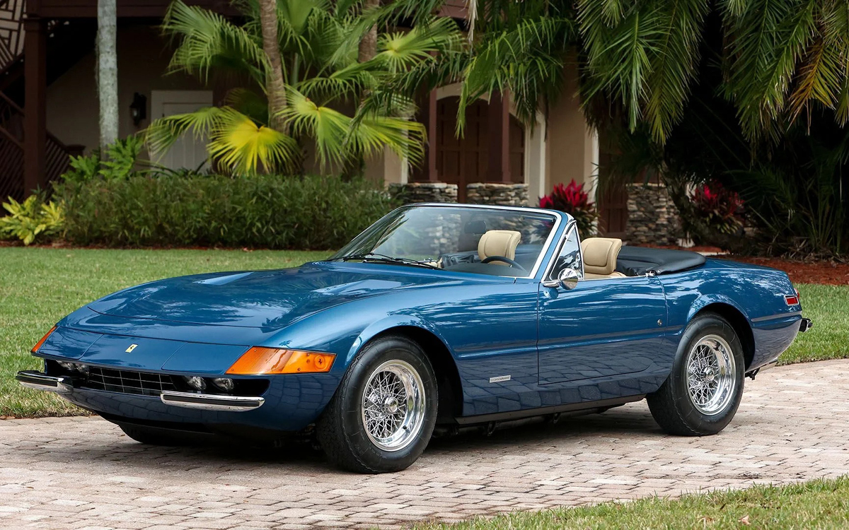 Blue Ferrari Daytona Spider, left front view