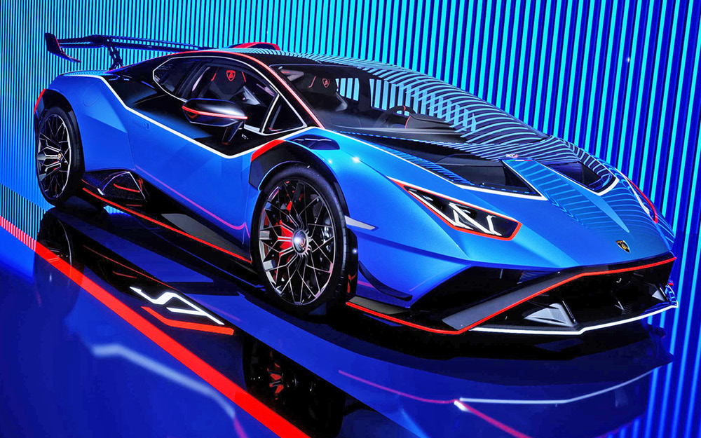 Blue Lamborghini Huracán STJ studio image, front