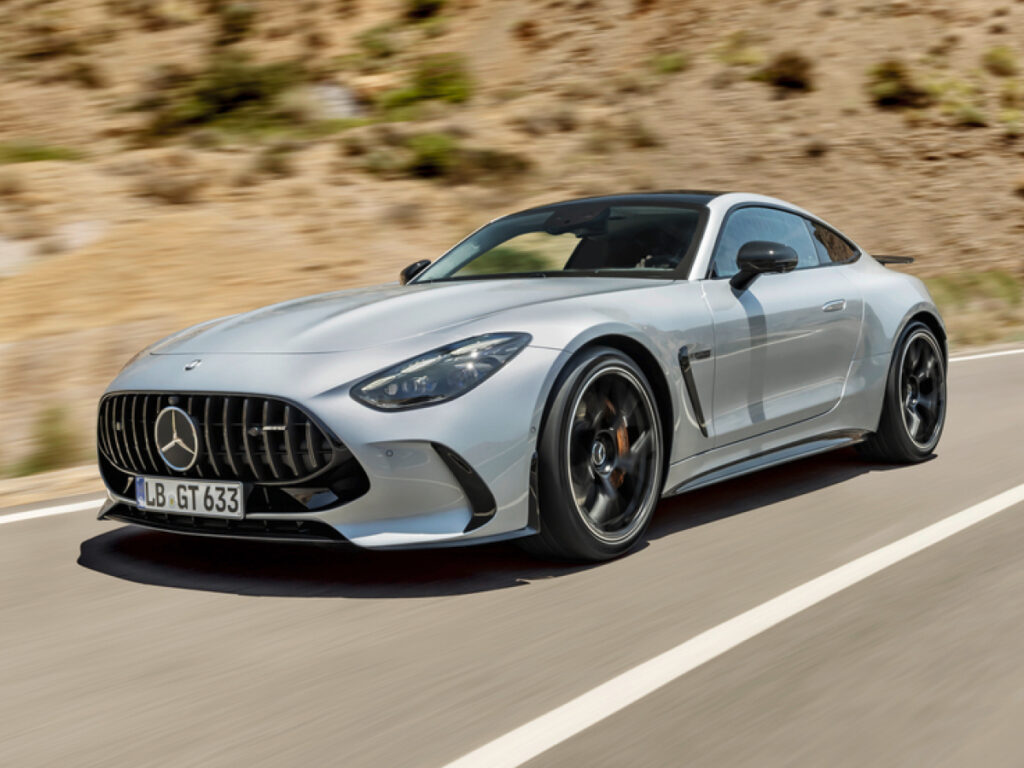 Silver 2024 AMG GT on the road, front view