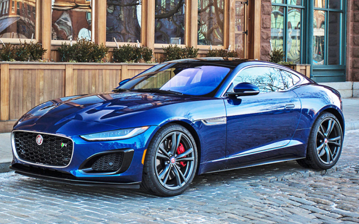 Blue Jaguar F-Type coupe parked