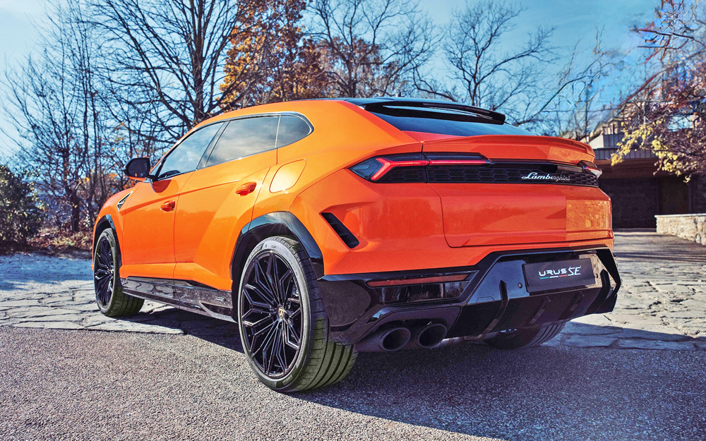 Orange Lamborghini Urus SE rear view