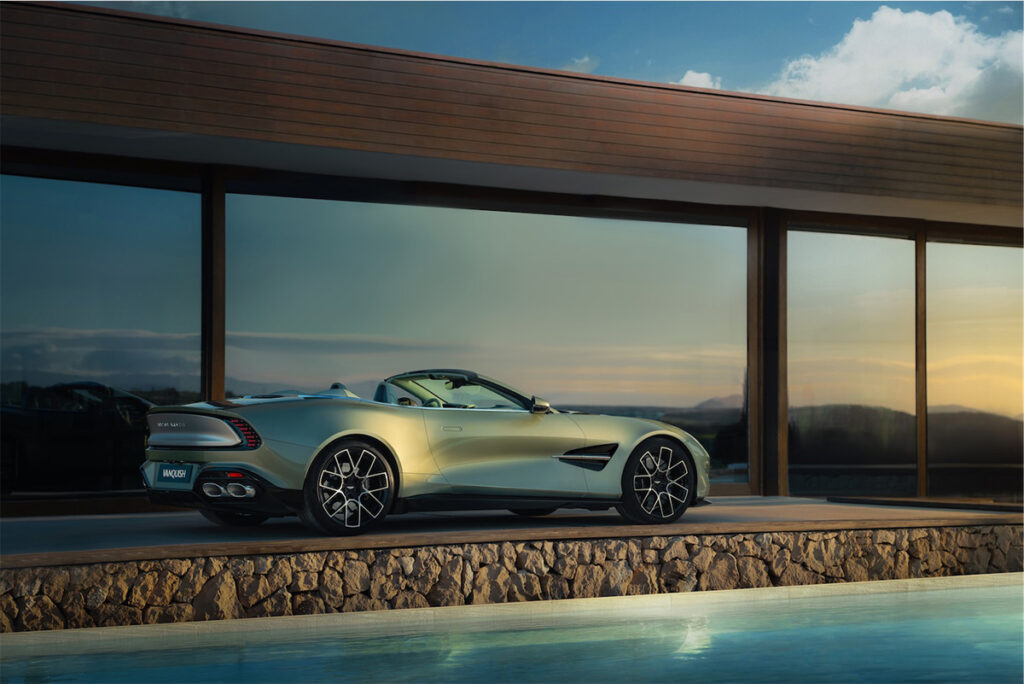 Green 2025 Aston Martin Vanquish Volante left rear view